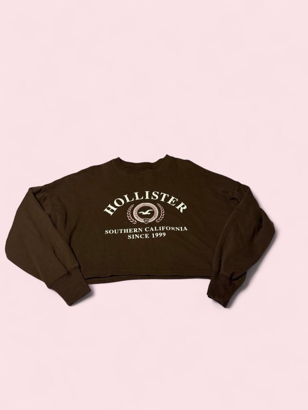 Hollister Cropped Crewneck Sweatshirt in Dark Brown with White Logo